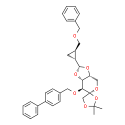 ChemSpider 2D Image | (2'R,3a'R,4S,7'S,7a'R)-2'-{(1R,2R)-2-[(Benzyloxy)methyl]cyclopropyl}-7'-(4-biphenylylmethoxy)-2,2-dimethyltetrahydrospiro[1,3-dioxolane-4,6'-[1,3]dioxolo[4,5-c]pyran] | C34H38O7
