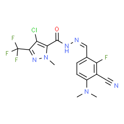 ChemSpider 2D Image | 4-Chloro-N'-{(Z)-[3-cyano-4-(dimethylamino)-2-fluorophenyl]methylene}-1-methyl-3-(trifluoromethyl)-1H-pyrazole-5-carbohydrazide | C16H13ClF4N6O