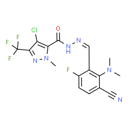 ChemSpider 2D Image | 4-Chloro-N'-{(Z)-[3-cyano-2-(dimethylamino)-6-fluorophenyl]methylene}-1-methyl-3-(trifluoromethyl)-1H-pyrazole-5-carbohydrazide | C16H13ClF4N6O