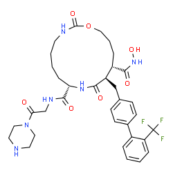 ChemSpider 2D Image | (8S,11R,12S)-N~12~-Hydroxy-2,10-dioxo-N~8~-[2-oxo-2-(1-piperazinyl)ethyl]-11-{[2'-(trifluoromethyl)-4-biphenylyl]methyl}-1-oxa-3,9-diazacyclopentadecane-8,12-dicarboxamide | C34H43F3N6O7