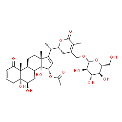 ChemSpider 2D Image | (5alpha,6beta,15alpha,22R)-28-(beta-D-Glucopyranosyloxy)-5,6,14-trihydroxy-1,26-dioxo-22,26-epoxyergosta-2,16,24-trien-15-yl acetate | C36H50O14