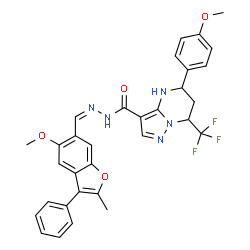 ChemSpider 2D Image | N'-[(Z)-(5-Methoxy-2-methyl-3-phenyl-1-benzofuran-6-yl)methylene]-5-(4-methoxyphenyl)-7-(trifluoromethyl)-4,5,6,7-tetrahydropyrazolo[1,5-a]pyrimidine-3-carbohydrazide | C32H28F3N5O4