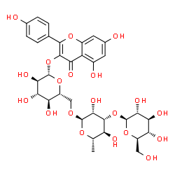 ChemSpider 2D Image | 5,7-Dihydroxy-2-(4-hydroxyphenyl)-4-oxo-4H-chromen-3-yl beta-D-glucopyranosyl-(1->3)-6-deoxy-alpha-L-mannopyranosyl-(1->6)-beta-D-glucopyranoside | C33H40O20