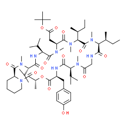 ChemSpider 2D Image | tert-butyl 2-[(3R,6S,9S,15S,18S,21S,24S,27S,30S)-6-[(4-hydroxyphenyl)methyl]-9,24,27-triisopropyl-3,10,16,19,22,28-hexamethyl-2,5,8,11,14,17,20,23,26,29-decaoxo-15,18-disec-butyl-4-oxa-1,7,10,13,16,19,22,25,28-nonazabicyclo[28.4.0]tetratriacontan-21-yl]acetate | C60H97N9O14