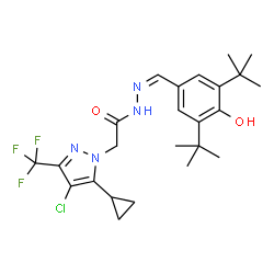 ChemSpider 2D Image | 2-[4-Chloro-5-cyclopropyl-3-(trifluoromethyl)-1H-pyrazol-1-yl]-N'-{(Z)-[4-hydroxy-3,5-bis(2-methyl-2-propanyl)phenyl]methylene}acetohydrazide | C24H30ClF3N4O2
