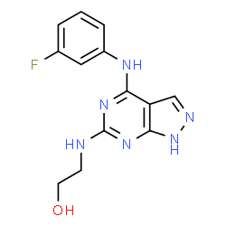 ChemSpider 2D Image | 2-({4-[(3-Fluorophenyl)amino]-1H-pyrazolo[3,4-d]pyrimidin-6-yl}amino)ethanol | C13H13FN6O