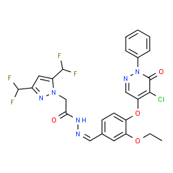 ChemSpider 2D Image | 2-[3,5-Bis(difluoromethyl)-1H-pyrazol-1-yl]-N'-[(Z)-{4-[(5-chloro-6-oxo-1-phenyl-1,6-dihydro-4-pyridazinyl)oxy]-3-ethoxyphenyl}methylene]acetohydrazide | C26H21ClF4N6O4