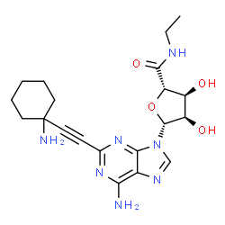 ChemSpider 2D Image | (2S,3S,4R,5R)-5-{6-Amino-2-[(1-aminocyclohexyl)ethynyl]-9H-purin-9-yl}-N-ethyl-3,4-dihydroxytetrahydro-2-furancarboxamide | C20H27N7O4