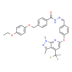 ChemSpider 2D Image | N'-[(Z)-(4-{[1,3-Dimethyl-4-(trifluoromethyl)-1H-pyrazolo[3,4-b]pyridin-6-yl]oxy}phenyl)methylene]-4-[(4-ethoxyphenoxy)methyl]benzohydrazide | C32H28F3N5O4