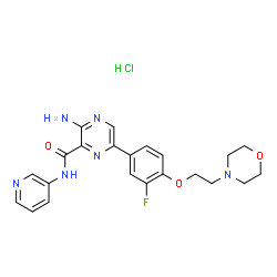 ChemSpider 2D Image | 3-Amino-6-{3-fluoro-4-[2-(4-morpholinyl)ethoxy]phenyl}-N-(3-pyridinyl)-2-pyrazinecarboxamide hydrochloride (1:1) | C22H24ClFN6O3
