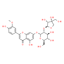 ChemSpider 2D Image | 5-Hydroxy-2-(4-hydroxy-3-methoxyphenyl)-4-oxo-4H-chromen-7-yl 2-O-[(2S,3R,4R)-3,4-dihydroxy-4-(hydroxymethyl)tetrahydro-2-furanyl]-alpha-D-glucopyranoside | C27H30O15