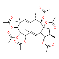 ChemSpider 2D Image | (1S,2R,3aR,4R,5S,6E,9S,10S,11S,12E,13aS)-2,5,8,8,12-Pentamethyl-1,2,3,4,5,8,9,10,11,13a-decahydro-3aH-cyclopenta[12]annulene-1,3a,4,9,10,11-hexayl hexaacetate | C32H46O12