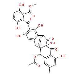 ChemSpider 2D Image | Methyl 2-{[(1S,2S,12S)-2-acetoxy-7,10,14,16-tetrahydroxy-5-methyl-9,11-dioxopentacyclo[10.7.2.0~1,10~.0~3,8~.0~13,18~]henicosa-3,5,7,13,15,17,20-heptaen-15-yl]carbonyl}-3,6-dihydroxybenzoate | C33H26O13
