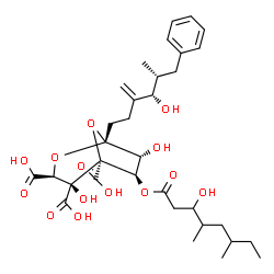 ChemSpider 2D Image | (1R,3S,4S,5S,6R,7R)-4,7-Dihydroxy-6-[(3-hydroxy-4,6-dimethyloctanoyl)oxy]-1-[(4S,5R)-4-hydroxy-5-methyl-3-methylene-6-phenylhexyl]-2,8-dioxabicyclo[3.2.1]octane-3,4,5-tricarboxylic acid (non-preferred
 name) | C33H46O14