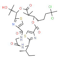 ChemSpider 2D Image | (7S,14S,18S)-7-[(2S)-2-Butanyl]-14-(4,4-dichloropentyl)-18-(2-hydroxy-2-propanyl)-15,15-dimethyl-13,17-dioxa-9,20-dithia-3,6,22,23-tetraazatricyclo[17.2.1.1~8,11~]tricosa-1(21),8(23),10,19(22)-tetraen
e-2,5,12,16-tetrone | C29H40Cl2N4O7S2