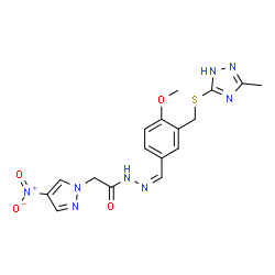 ChemSpider 2D Image | N'-[(Z)-(4-Methoxy-3-{[(3-methyl-1H-1,2,4-triazol-5-yl)sulfanyl]methyl}phenyl)methylene]-2-(4-nitro-1H-pyrazol-1-yl)acetohydrazide | C17H18N8O4S