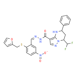 ChemSpider 2D Image | 7-(Difluoromethyl)-N'-[(Z)-{2-[(2-furylmethyl)sulfanyl]-5-nitrophenyl}methylene]-5-phenyl-4,5,6,7-tetrahydropyrazolo[1,5-a]pyrimidine-3-carbohydrazide | C26H22F2N6O4S