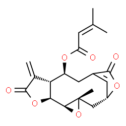 ChemSpider 2D Image | (1R,3S,5S,6S,10R,11S)-3-Methyl-9-methylene-8,14-dioxo-4,7,15-trioxatetracyclo[11.2.1.0~3,5~.0~6,10~]hexadec-13(16)-en-11-yl 3-methyl-2-butenoate | C20H22O7