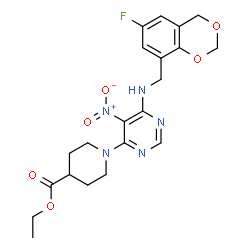 ChemSpider 2D Image | Ethyl 1-(6-{[(6-fluoro-4H-1,3-benzodioxin-8-yl)methyl]amino}-5-nitro-4-pyrimidinyl)-4-piperidinecarboxylate | C21H24FN5O6