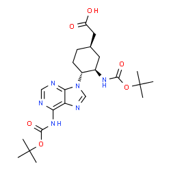ChemSpider 2D Image | {(1R,3R,4R)-3-({[(2-Methyl-2-propanyl)oxy]carbonyl}amino)-4-[6-({[(2-methyl-2-propanyl)oxy]carbonyl}amino)-9H-purin-9-yl]cyclohexyl}acetic acid | C23H34N6O6