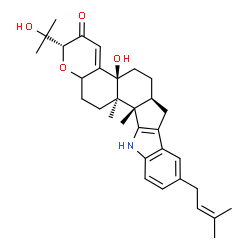 ChemSpider 2D Image | (2R,4bS,6aS,12bS,12cR)-4b-Hydroxy-2-(2-hydroxy-2-propanyl)-12b,12c-dimethyl-9-(3-methyl-2-buten-1-yl)-5,6,6a,7,12,12b,12c,13,14,14a-decahydro-2H-chromeno[5',6':6,7]indeno[1,2-b]indol-3(4bH)-one | C32H41NO4