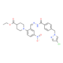 ChemSpider 2D Image | Ethyl 1-{2-[(Z)-({4-[(4-chloro-1H-pyrazol-1-yl)methyl]benzoyl}hydrazono)methyl]-4-nitrophenyl}-4-piperidinecarboxylate | C26H27ClN6O5