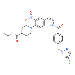 ChemSpider 2D Image | Ethyl 1-{4-[(Z)-({4-[(4-chloro-1H-pyrazol-1-yl)methyl]benzoyl}hydrazono)methyl]-2-nitrophenyl}-4-piperidinecarboxylate | C26H27ClN6O5