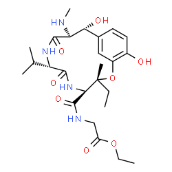 ChemSpider 2D Image | Ethyl N-{[(3R,4S,7S,10S,11R)-3-ethyl-11,15-dihydroxy-7-isopropyl-3-methyl-10-(methylamino)-6,9-dioxo-2-oxa-5,8-diazabicyclo[10.3.1]hexadeca-1(16),12,14-trien-4-yl]carbonyl}glycinate | C25H38N4O8