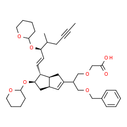 ChemSpider 2D Image | {3-(Benzyloxy)-2-[(3aS,5R,6R,6aS)-6-[(1E,3S)-4-methyl-3-(tetrahydro-2H-pyran-2-yloxy)-1-octen-6-yn-1-yl]-5-(tetrahydro-2H-pyran-2-yloxy)-1,3a,4,5,6,6a-hexahydro-2-pentalenyl]propoxy}acetic acid | C39H54O8