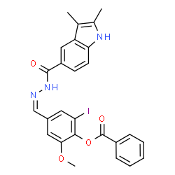 ChemSpider 2D Image | 4-[(Z)-{[(2,3-Dimethyl-1H-indol-5-yl)carbonyl]hydrazono}methyl]-2-iodo-6-methoxyphenyl benzoate | C26H22IN3O4