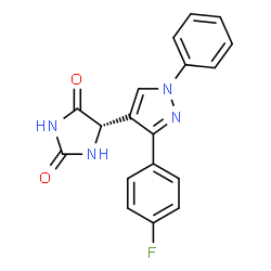 ChemSpider 2D Image | (5S)-5-[3-(4-Fluorophenyl)-1-phenyl-1H-pyrazol-4-yl]-2,4-imidazolidinedione | C18H13FN4O2