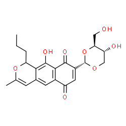 ChemSpider 2D Image | 10-Hydroxy-8-[(2S,4S,5R)-5-hydroxy-4-(hydroxymethyl)-1,3-dioxan-2-yl]-3-methyl-1-propyl-1H-benzo[g]isochromene-6,9-dione | C22H24O8