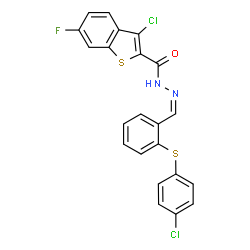 ChemSpider 2D Image | 3-Chloro-N'-[(Z)-{2-[(4-chlorophenyl)sulfanyl]phenyl}methylene]-6-fluoro-1-benzothiophene-2-carbohydrazide | C22H13Cl2FN2OS2