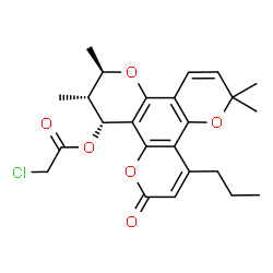 ChemSpider 2D Image | (2R,3R,4R)-2,3,10,10-Tetramethyl-6-oxo-8-propyl-3,4-dihydro-2H,6H,10H-dipyrano[2,3-f:2',3'-h]chromen-4-yl chloroacetate | C24H27ClO6