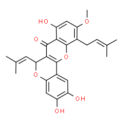 ChemSpider 2D Image | 2,3,8-Trihydroxy-10-methoxy-11-(3-methyl-2-buten-1-yl)-6-(2-methyl-1-propen-1-yl)-6H,7H-chromeno[4,3-b]chromen-7-one | C26H26O7