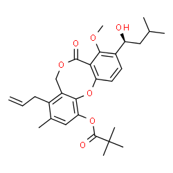 ChemSpider 2D Image | 4-Allyl-9-[(1S)-1-hydroxy-3-methylbutyl]-8-methoxy-3-methyl-7-oxo-5H,7H-dibenzo[b,g][1,5]dioxocin-1-yl pivalate | C29H36O7