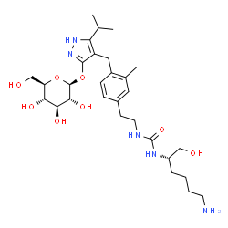 ChemSpider 2D Image | 1-[(2S)-6-Amino-1-hydroxy-2-hexanyl]-3-[2-(4-{[3-(beta-D-glucopyranosyloxy)-5-isopropyl-1H-pyrazol-4-yl]methyl}-3-methylphenyl)ethyl]urea | C29H47N5O8