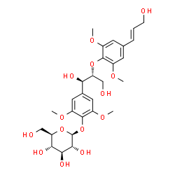 ChemSpider 2D Image | 4-[(1R,2R)-1,3-Dihydroxy-2-{4-[(1E)-3-hydroxy-1-propen-1-yl]-2,6-dimethoxyphenoxy}propyl]-2,6-dimethoxyphenyl beta-D-glucopyranoside | C28H38O14