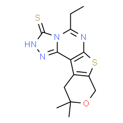 ChemSpider 2D Image | 5-Ethyl-10,10-dimethyl-10,11-dihydro-8H-pyrano[4',3':4,5]thieno[3,2-e][1,2,4]triazolo[4,3-c]pyrimidine-3(2H)-thione | C14H16N4OS2