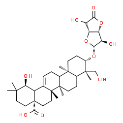 ChemSpider 2D Image | (1S,4aR,6aS,6bR,9R,10S,12aR)-10-{[(2R,3R,3aR,6aR)-3,6-Dihydroxy-5-oxohexahydrofuro[3,2-b]furan-2-yl]oxy}-1-hydroxy-9-(hydroxymethyl)-2,2,6a,6b,9,12a-hexamethyl-1,3,4,5,6,6a,6b,7,8,8a,9,10,11,12,12a,12
b,13,14b-octadecahydro-4a(2H)-picenecarboxylic acid | C36H54O10