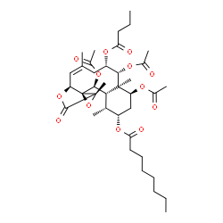 ChemSpider 2D Image | (1R,2S,4S,4aR,5R,6S,8Z,9aS,11aS,12aS,13S,13aS)-4,5,13-Triacetoxy-6-(butyryloxy)-1,4a,8,11a-tetramethyl-11-oxo-2,3,4,4a,5,6,7,9a,11,11a,13,13a-dodecahydro-1H-benzo[4,5]cyclodeca[1,2-b]oxireno[c]furan-2
-yl octanoate | C38H56O13
