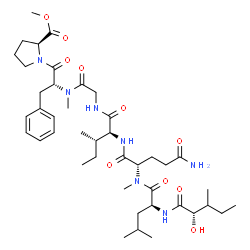 ChemSpider 2D Image | Methyl N-[(2S)-2-hydroxy-3-methylpentanoyl]-L-leucyl-N~2~-methyl-L-glutaminyl-L-isoleucylglycyl-N-methyl-D-phenylalanyl-L-prolinate | C42H67N7O10
