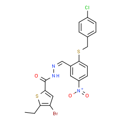 ChemSpider 2D Image | 4-Bromo-N'-[(Z)-{2-[(4-chlorobenzyl)sulfanyl]-5-nitrophenyl}methylene]-5-ethyl-2-thiophenecarbohydrazide | C21H17BrClN3O3S2