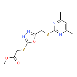 ChemSpider 2D Image | Methyl [(5-{[(4,6-dimethyl-2-pyrimidinyl)sulfanyl]methyl}-1,3,4-oxadiazol-2-yl)sulfanyl]acetate | C12H14N4O3S2