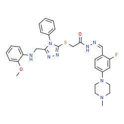 ChemSpider 2D Image | N'-{(Z)-[2-Fluoro-4-(4-methyl-1-piperazinyl)phenyl]methylene}-2-[(5-{[(2-methoxyphenyl)amino]methyl}-4-phenyl-4H-1,2,4-triazol-3-yl)sulfanyl]acetohydrazide | C30H33FN8O2S