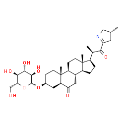 ChemSpider 2D Image | (3S,5S,8S,9S,10R,13S,14S,17R)-10,13-Dimethyl-17-{(2R)-1-[(3R)-3-methyl-3,4-dihydro-2H-pyrrol-5-yl]-1-oxo-2-propanyl}-3-{[(2R,3R,4S,5S,6R)-3,4,5-trihydroxy-6-(hydroxymethyl)tetrahydro-2H-pyran-2-yl]oxy
}hexadecahydro-6H-cyclopenta[a]phenanthren-6-one | C33H51NO8