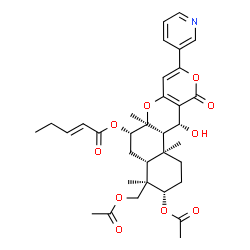 ChemSpider 2D Image | (3S,4R,4aR,6S,6aS,12R,12aS,12bS)-3-Acetoxy-4-(acetoxymethyl)-12-hydroxy-4,6a,12b-trimethyl-11-oxo-9-(3-pyridinyl)-1,3,4,4a,5,6,6a,12,12a,12b-decahydro-2H,11H-benzo[f]pyrano[4,3-b]chromen-6-yl (2E)-2-p
entenoate | C34H41NO10