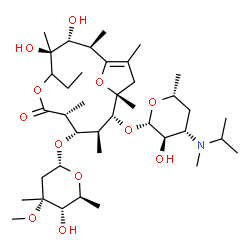 ChemSpider 2D Image | (2R,3R,4S,8R,9S,10S,11R,12R)-5-Ethyl-3,4-dihydroxy-11-({(2S,3R,4S,6R)-3-hydroxy-4-[isopropyl(methyl)amino]-6-methyltetrahydro-2H-pyran-2-yl}oxy)-9-{[(2R,4R,5S,6S)-5-hydroxy-4-methoxy-4,6-dimethyltetra
hydro-2H-pyran-2-yl]oxy}-2,4,8,10,12,14-hexamethyl-6,15-dioxabicyclo[10.2.1]pentadec-1(14)-en-7-one | C39H69NO12