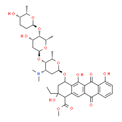 ChemSpider 2D Image | Methyl 2-ethyl-2,5,7-trihydroxy-6,11-dioxo-4-{[2,3,6-trideoxy-4-O-{2,6-dideoxy-4-O-[(2S,5S,6S)-5-hydroxy-6-methyltetrahydro-2H-pyran-2-yl]-alpha-L-lyxo-hexopyranosyl}-3-(dimethylamino)-alpha-L-lyxo-he
xopyranosyl]oxy}-1,2,3,4,6,11-hexahydro-1-tetracenecarboxylate | C42H55NO15