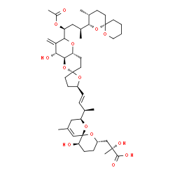 ChemSpider 2D Image | (2R)-3-[(2S,5R,6R,8S)-8-{(2R,3E)-4-[(2R,4a'R,5R,8'R,8a'S)-6'-{(1S,3S)-1-Acetoxy-3-[(2S,3R,6S)-3-methyl-1,7-dioxaspiro[5.5]undec-2-yl]butyl}-8'-hydroxy-7'-methyleneoctahydro-3H,3'H-spiro[furan-2,2'-pyr
ano[3,2-b]pyran]-5-yl]-3-buten-2-yl}-5-hydroxy-10-methyl-1,7-dioxaspiro[5.5]undec-10-en-2-yl]-2-hydroxy-2-methylpropanoic acid | C46H70O14
